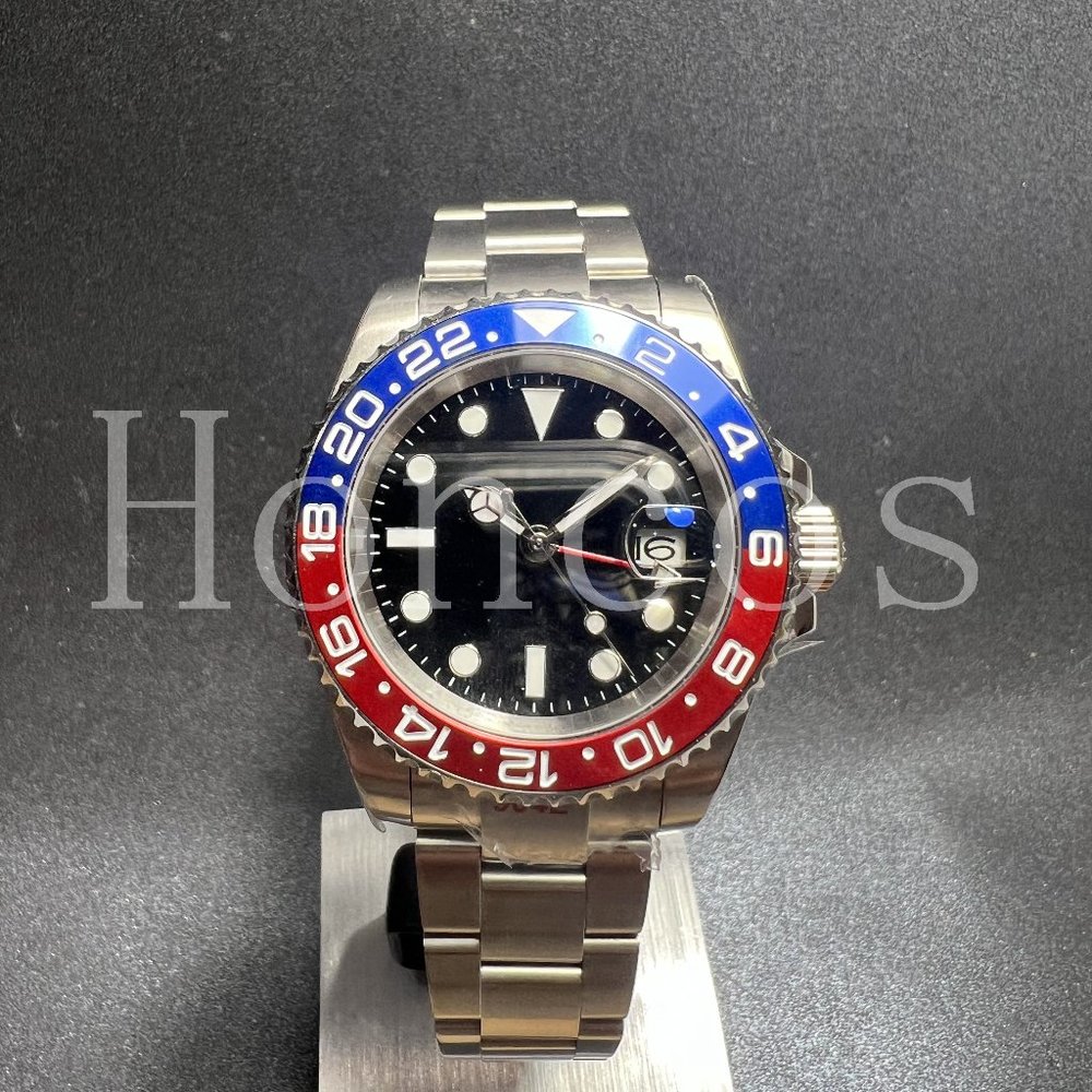Custom Made MODS Watch with GMT Automatic Movement Black Case Blue Red Insert